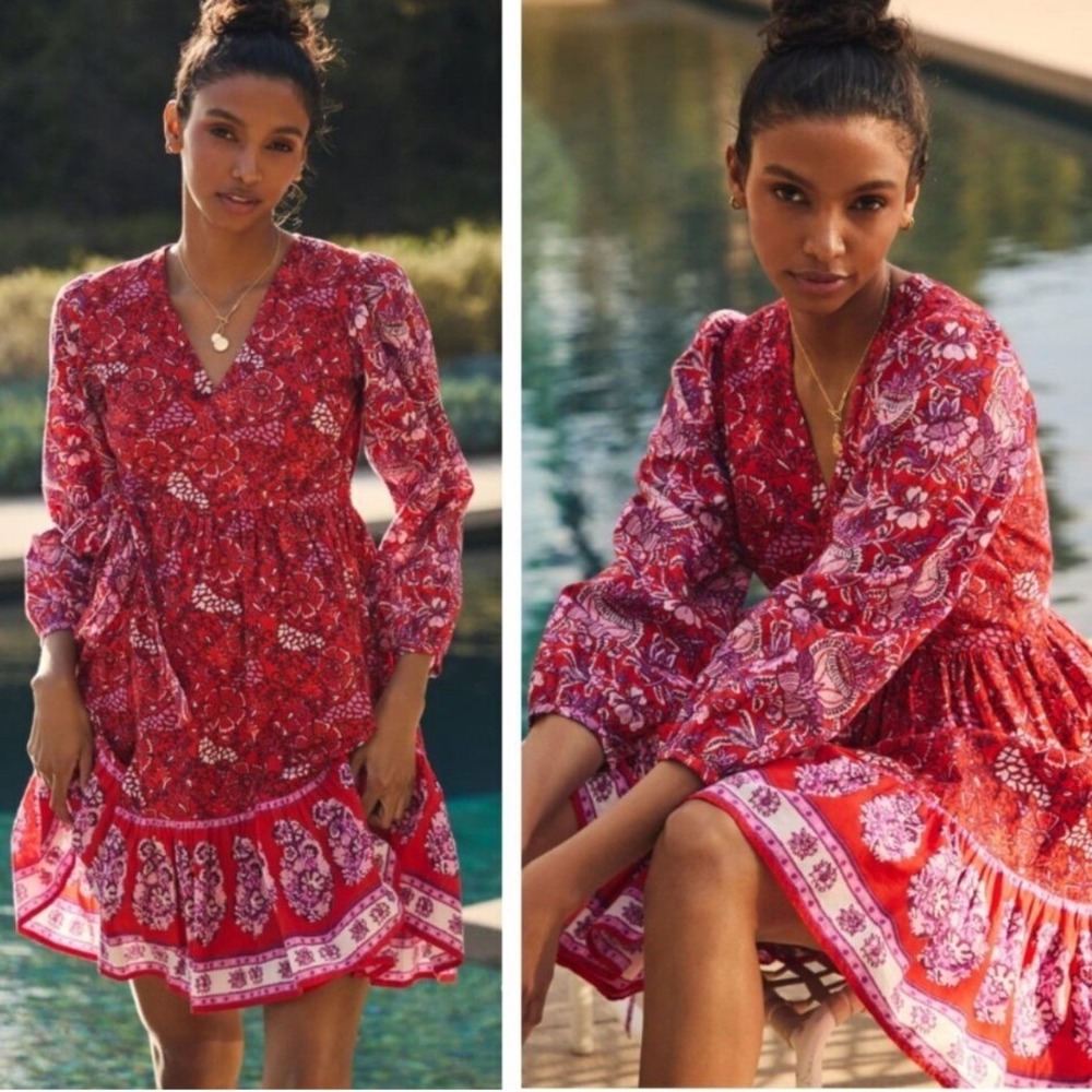NWT Anthropologie Ro's Garden‎ Pink Combo Floral Paisley Wrap Mini Dress Small